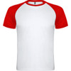 A T-shirt with a white body and red raglan sleeves, featuring a logo on the collar.