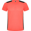 A bright coral T-shirt featuring black detailing on the shoulders and sides. It includes a logo on the front.