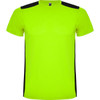 A bright yellow T-shirt featuring black side panels and a logo on the front.