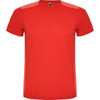A red t-shirt with short sleeves, featuring a branding logo at the neckline.
