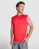 A red T-shirt with textured sleeves, featuring a logo. Designed for casual wear.