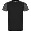 A black T-shirt featuring grey shoulder panels and a logo on the collar. Short sleeves and a classic fit design.