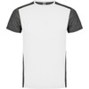 A white T-shirt with dark grey sleeves and side panels, featuring a logo on the collar.