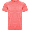 A short-sleeved T-shirt in a vibrant coral colour, featuring a textured design and a logo on the collar.