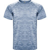 A blue heather T-shirt with a round neck and short sleeves, featuring a logo on the upper centre.