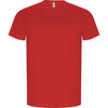 A red T-shirt featuring a round neck and short sleeves, with a small logo on the label.
