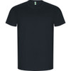 A plain black t-shirt with short sleeves, featuring a label inside the collar.