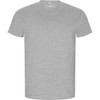 A grey t-shirt with short sleeves and a round neckline. It features a logo on the label inside.