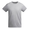 A grey t-shirt featuring a round neckline and short sleeves, with a logo on the front.