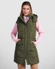 A women's padded vest in olive green, featuring a hood and side pockets, worn over a pink top.