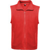 A red fleece vest with a zippered front and two side pockets, featuring a logo on the upper back.
