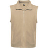 A beige fleece vest with a zip front and a collar, featuring side pockets and a branding label.