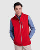 A red vest with a zippered front and pockets, worn over a blue shirt. It features a logo on the chest.