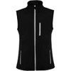 A black vest with a high collar, featuring zipped pockets and grey accents, also includes a logo.