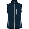 A navy vest with a high collar and multiple zippered pockets. The vest features a logo.