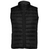 A black padded vest with a high collar and zip front, featuring a logo on the chest.