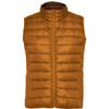 A padded vest in a rich orange-brown colour, featuring a zip front and vertical stitching. It has a logo on the design.
