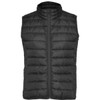 A black padded vest with a high collar and front zip, featuring a branded logo.
