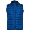 A blue padded vest with a zip front and high collar, featuring horizontal quilted detailing and a logo.