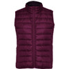 A maroon padded vest with a high collar and a zippered front. It features a logo on the left side.