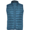A teal padded vest with a stand-up collar and a zip-up front, featuring a sleek quilted design.