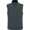A dark grey softshell vest featuring a high collar and multiple zippered pockets, with a logo on the chest.