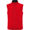 A red softshell vest with a zip front and two side pockets, featuring a logo on the upper left side.