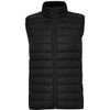 A black padded vest with a high collar and zip closure, featuring a logo. Suitable for layering in cooler weather.
