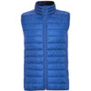 A blue padded vest with a high collar and front zip. It features a quilted design and has a logo.