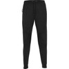 Black track pants featuring a drawstring waist and a side pocket, with a logo on the fabric.