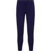 Navy stretch trousers with a drawstring waist and slim fit design, featuring pockets and a branding logo.