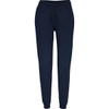 Navy women's track pants with a drawstring waist and cuffed ankles, featuring a logo on the side.