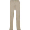 Beige trousers with a straight leg design, featuring a front button and a small branding logo.
