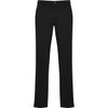 Black trousers with a straight-leg design and a button closure, featuring a simple branding logo.