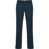 Navy blue trousers with a straight leg design, featuring a front button closure and a logo on the waistband.