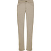 Beige women's trousers with a straight-leg design, featuring a front button and pockets. The product includes a logo.