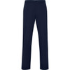 Navy chinos featuring a straight-leg design, suitable for casual or formal wear. Includes a logo detail.