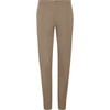 Tan women's chino trousers with a slim fit, featuring a button closure and a logo.