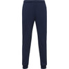 Navy track pants with an elastic waistband and cuffs, featuring a small logo on the front.