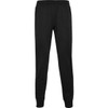 Black track pants featuring a fitted design and elastic waistband. The trousers have a logo on them.