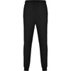 A pair of black track pants featuring a drawstring waist and ribbed cuffs, with a small logo on the side.