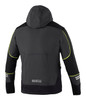 A soft-shell jacket in black with reflective highlights and a hood, featuring a logo on the back.