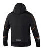 A black soft-shell jacket with a hood, featuring grey and orange accents and a logo on the back.