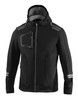 A black soft-shell jacket featuring a hood, zippered pockets, and reflective detailing, with a logo present.