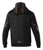 A black hooded jacket featuring orange accents and a logo on the lower back.