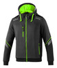 A full zip hooded jacket in black with vibrant green accents and a logo, featuring a lined hood and zip pockets.