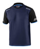 A navy blue t-shirt with black sleeves and blue detailing, featuring a logo on the front.