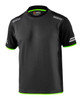 A black t-shirt with green accents and a logo, featuring stripes on the shoulders.