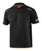 A black t-shirt featuring orange accents and stripes, with a logo on the front and shoulder area.