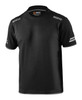 A black T-shirt featuring short sleeves and stripe details. It has a logo on the collar area.